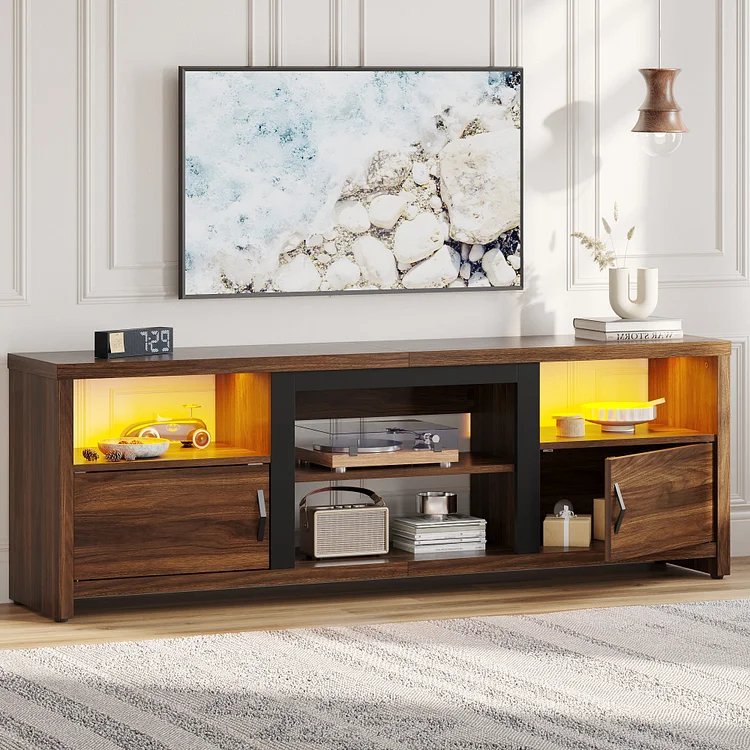 Bestier Modern LED TV Stand for up to 80 Inch TV with Open Cubes and Cabinets, Walnut