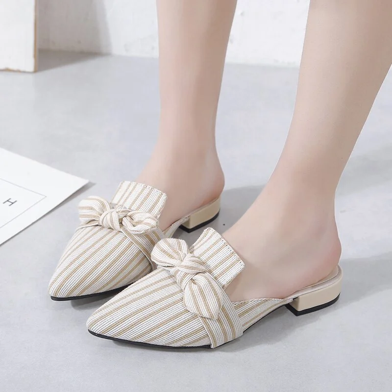 2021 New Women Slippers Muller Shoes Striped Bow Design College Style Female Foot Office Gentlewoman Casual Slippers Women Shoes
