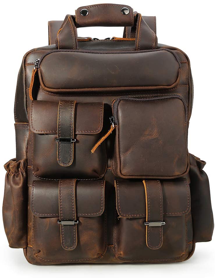 Vintage Genuine Leather Backpack 14 Inch Laptop Bag Multi Pockets School Travel Daypack