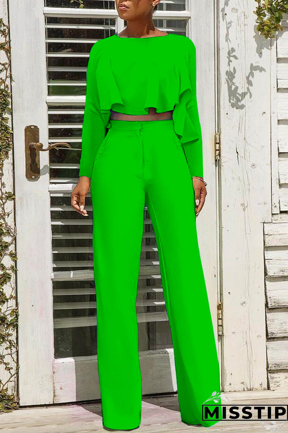 Green Casual Solid Flounce O Neck Long Sleeve Two Pieces