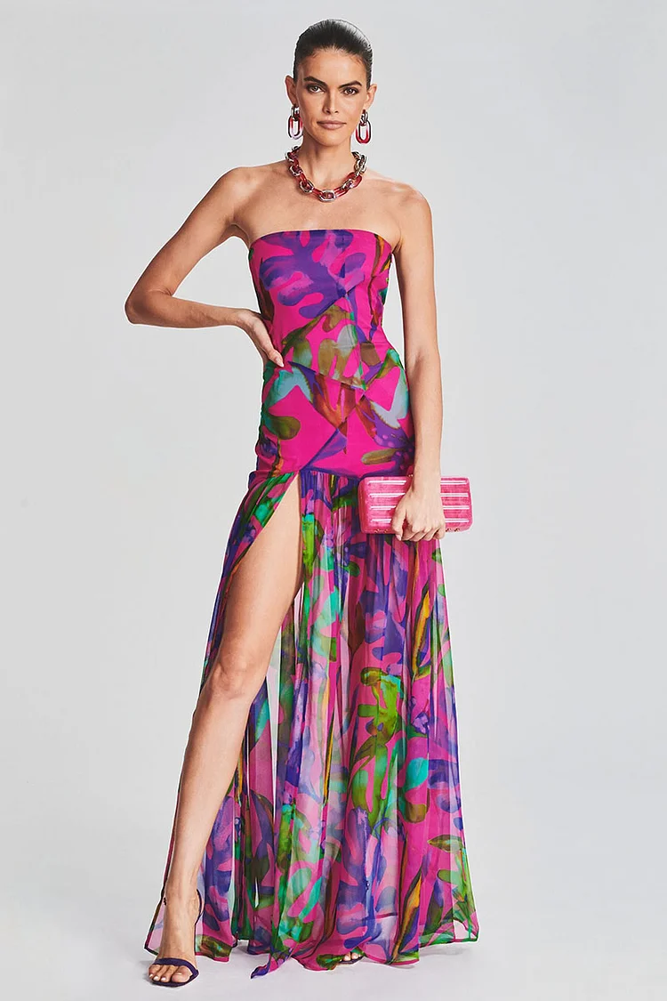 Tropical Print Strapless Mesh Patchwork Slit Hem Vacation Maxi Dress