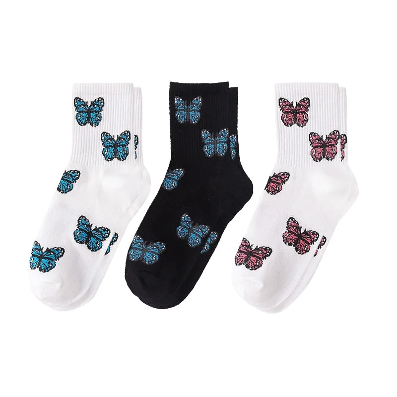 3Pair Fashion Butterfly Cotton Women Street Socks Harajuku Skateboard Tube Socks Korea Hip Hop Autumn Thick Indoor Floor Sock