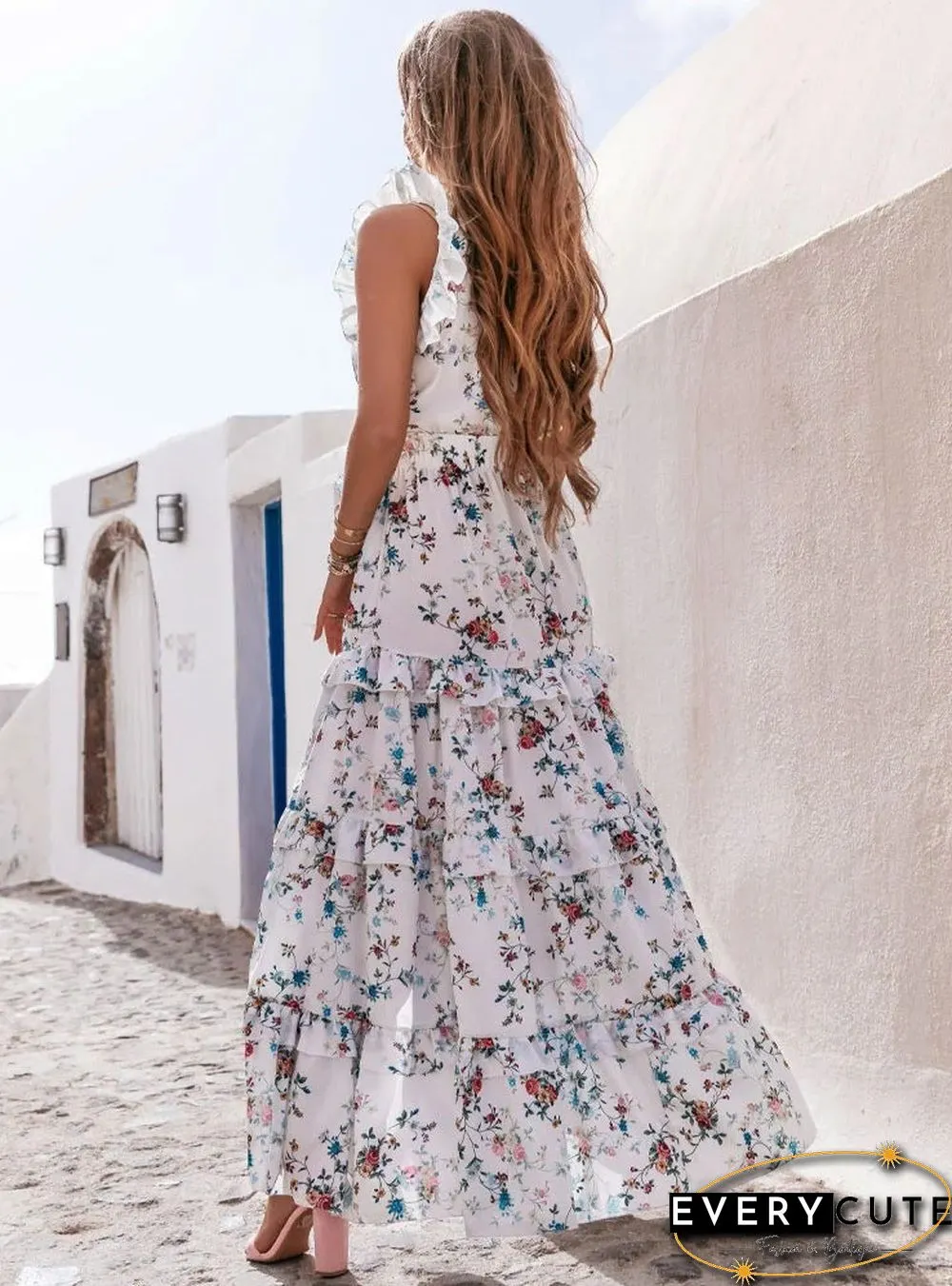 Sleeveless Deep V Neck Floral Deep V Neck Dress