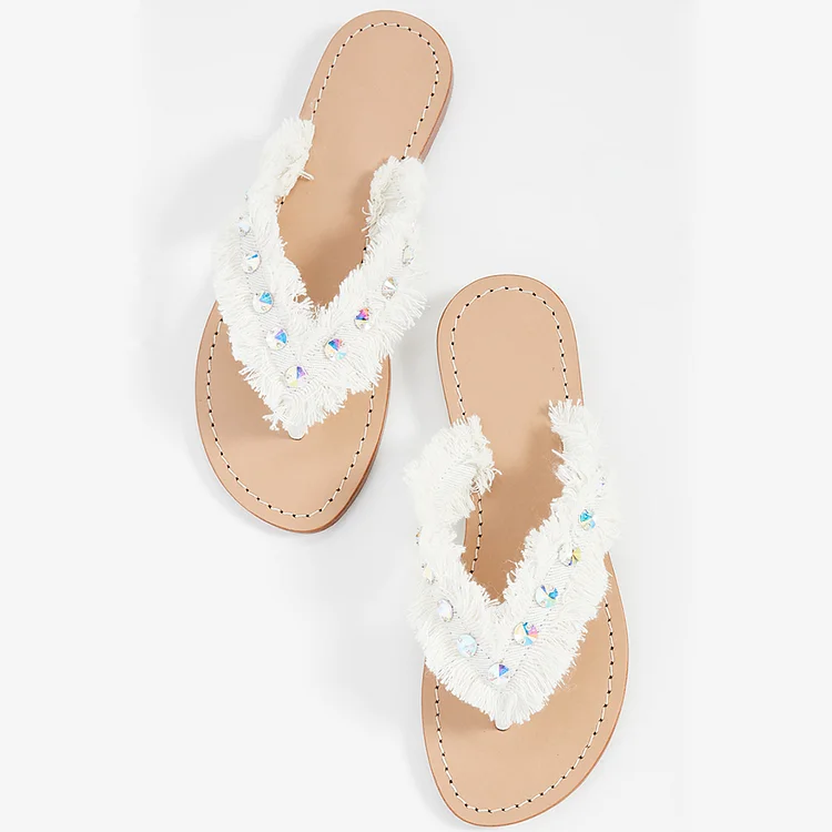 White Rhinestone Flat Flip-Flop Sandals Vdcoo