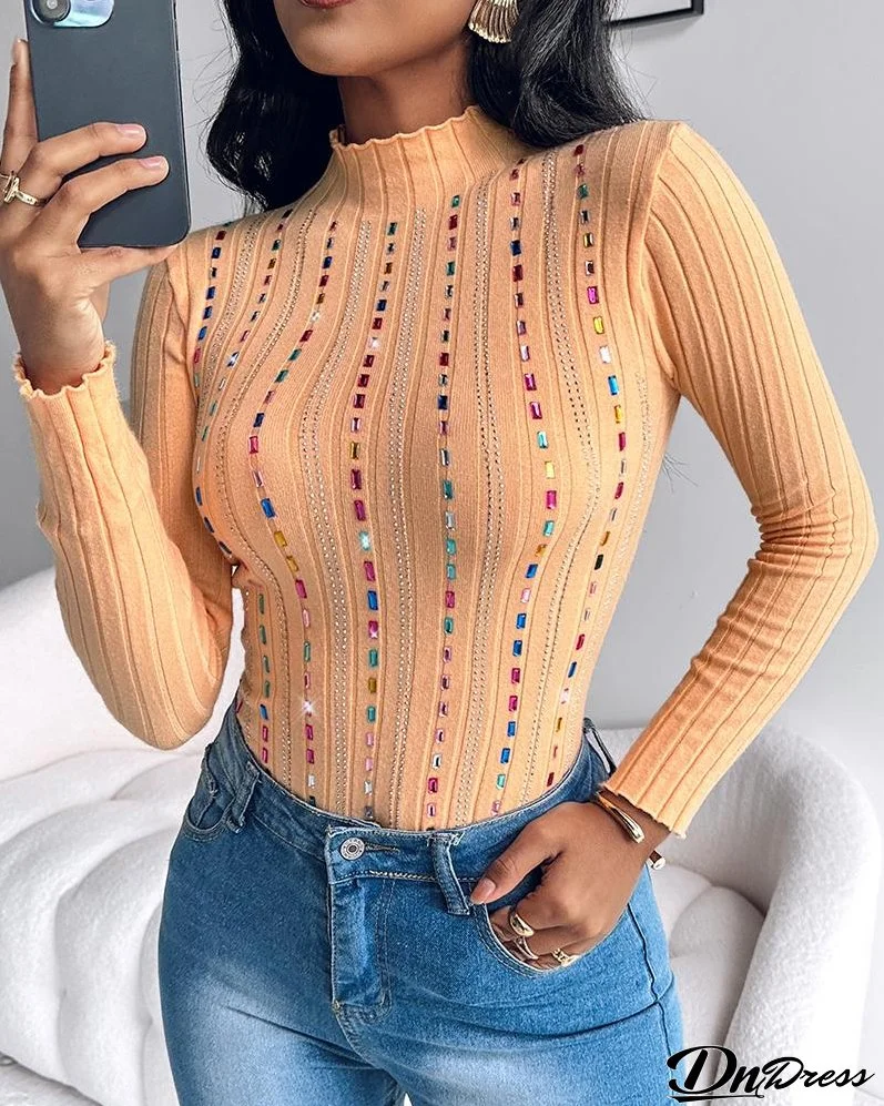 Pearls Decor Rhinestone Mock Neck Knit Top