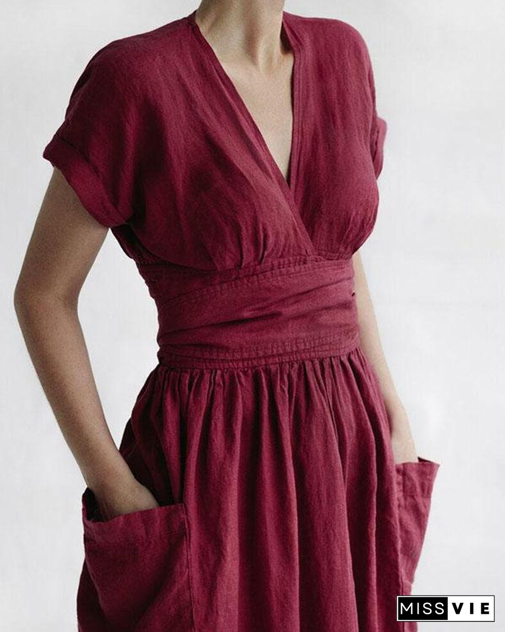 Elegant Solid V Neck Linen Bandage Waist Dresses