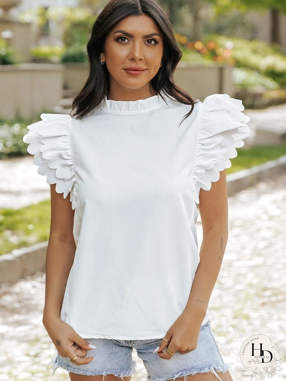 White Mock Neck Blouse with Ruffles
