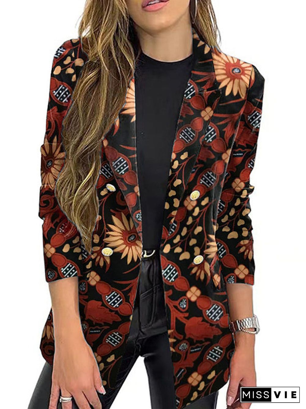 Women Long Sleeve Shirt Collar Floral Printed Striped Graphic Top Coats