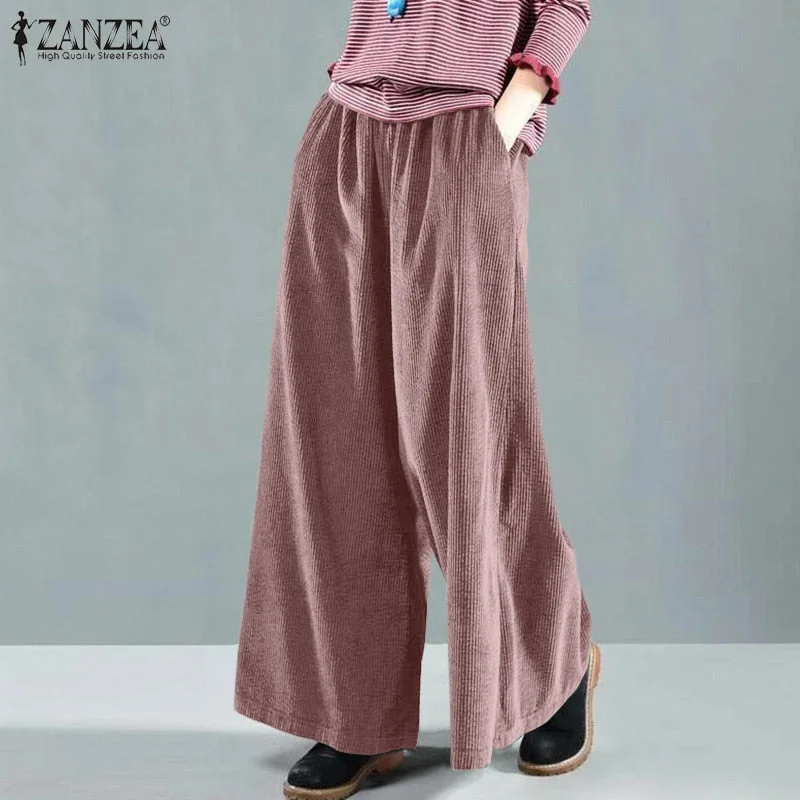 ZANZEA Women Corduroy Wide-legged Pants Stylish Elastic High Waist Pockets Causal Ankle Length Long Female Streetwear Trousers