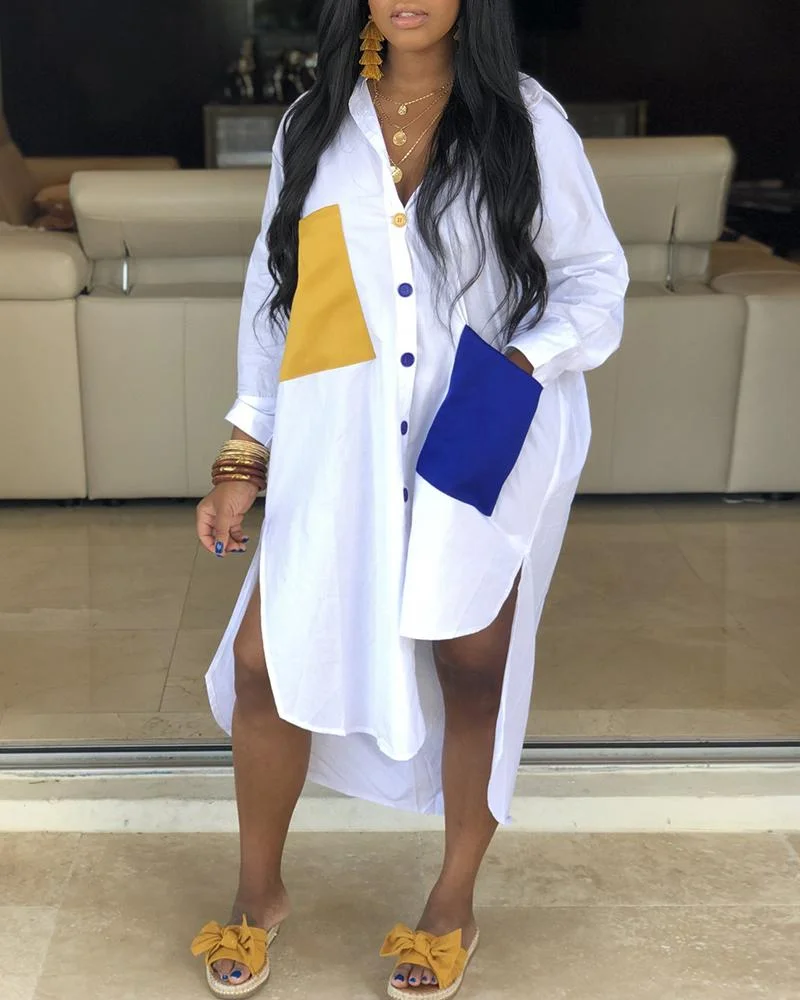 Colorblock Pocket Design Irregular Shirt Dress White Dresses | EGEMISS