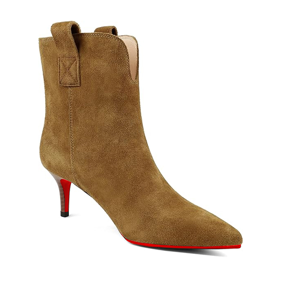 2.36'' Women's Ankle Boots Closed Pointed Toe Kitten Red Bottoms Stilettos Suede Booties-MERUMOTE