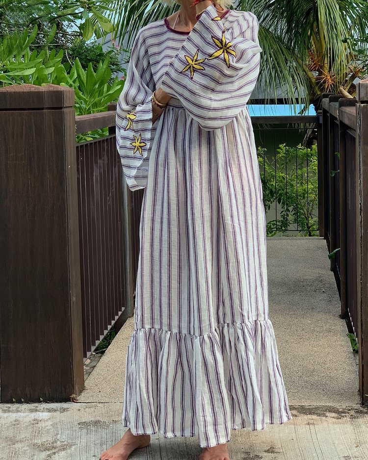Striped Long Dress with Embroidery