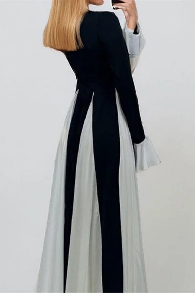 Flared Sleeve Midi Dress for Women in Contrast Colors