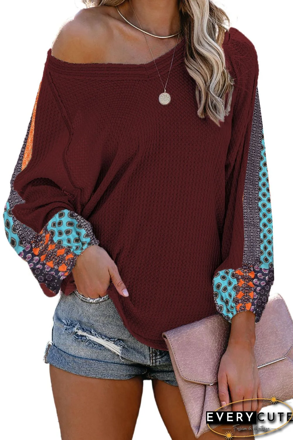 Burgundy Pattern Print Splicing Waffle Knit Blouse