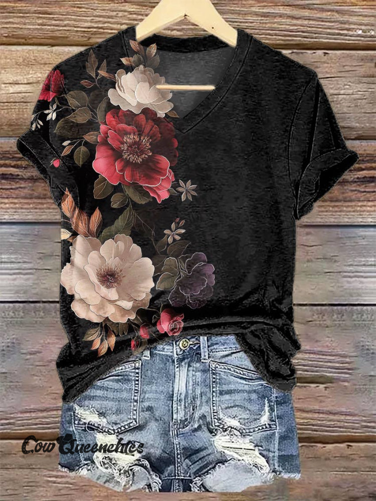 Women&rsquo;s Flower V-neck Casual T-Shirt Multicolor / S
