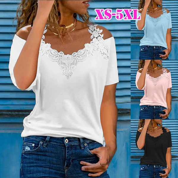 Women Fashion Plus Size Casual Tops Lace Stitching Cold Shoulder Short Sleeves T-Shirts Summer Solid Color V Neck Loose Blouses Tee Shirts Xs-5Xl