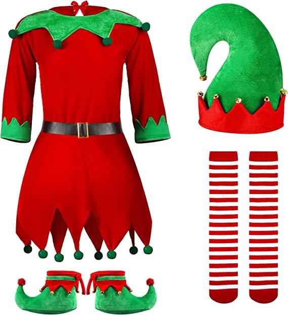 Girls Women Christmas Elf Costume Set Santa's Helper Costume Xmas Festive Outfit with Elf Hat Shoes Belt Striped Stockings