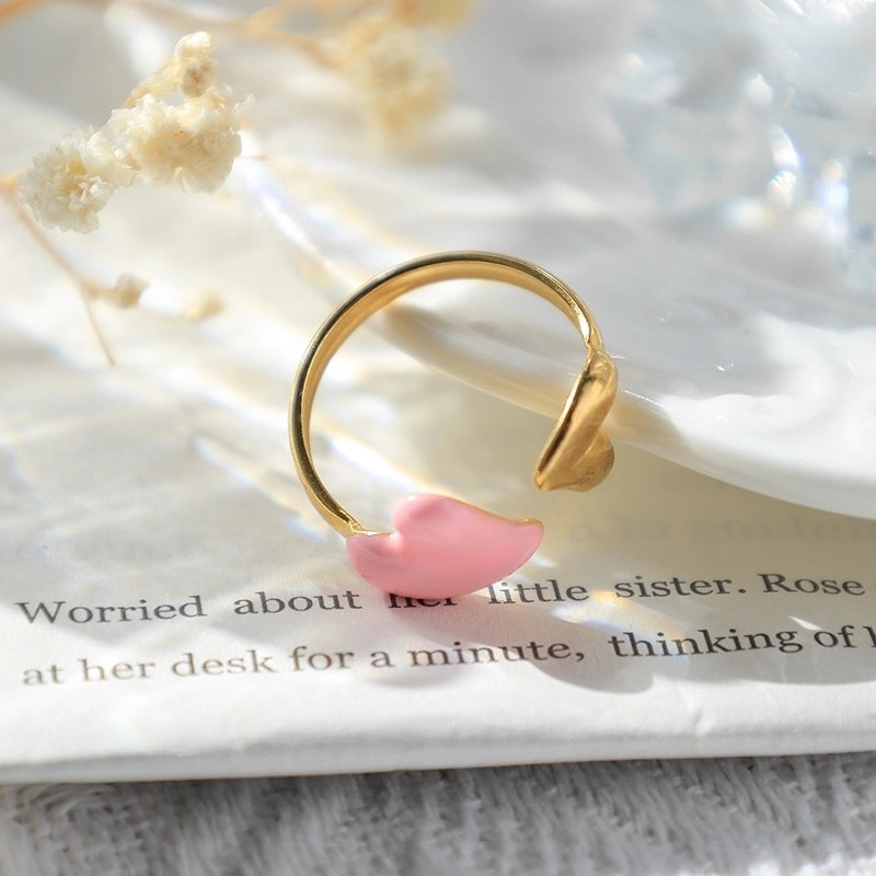 Elegant Sweet Heart Shape 304 Stainless Steel 14K Gold Plated Enamel Open Rings