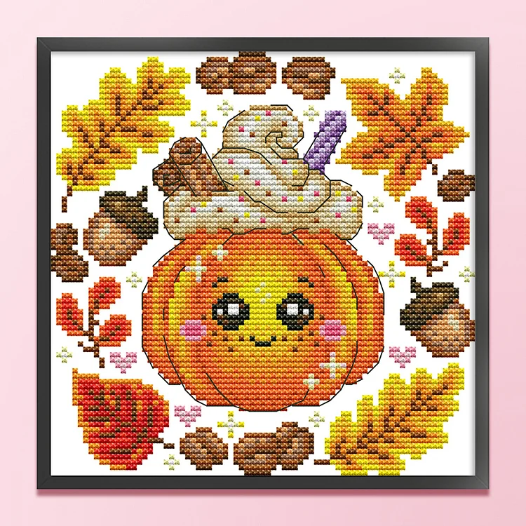 14CT Partial Stamped Cross Stitch Kit - Pumpkin Dessert (19*19CM)  decoration gift Embroidery Stamped Counted Cross Stitch Kit for Kids Adults  Beginners, Needlework Cross Stitch Kits, Art Craft Handy Sewing Set Cross