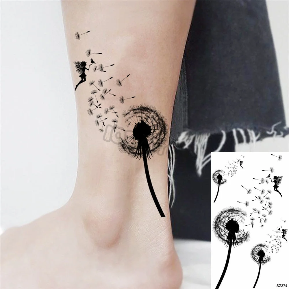 Black Pencil Sketch Henna Lotus Temporary Tattoos For Women Girls Realistic Planet Dandelion Fake Tattoo Sticker Back Arm Tatoos