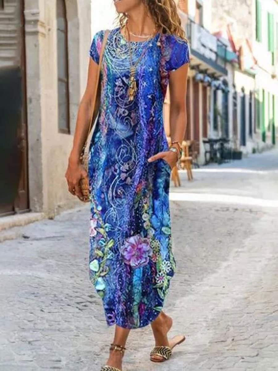 Round Neck Casual Loose Floral Print Short Sleeve Maxi Dress