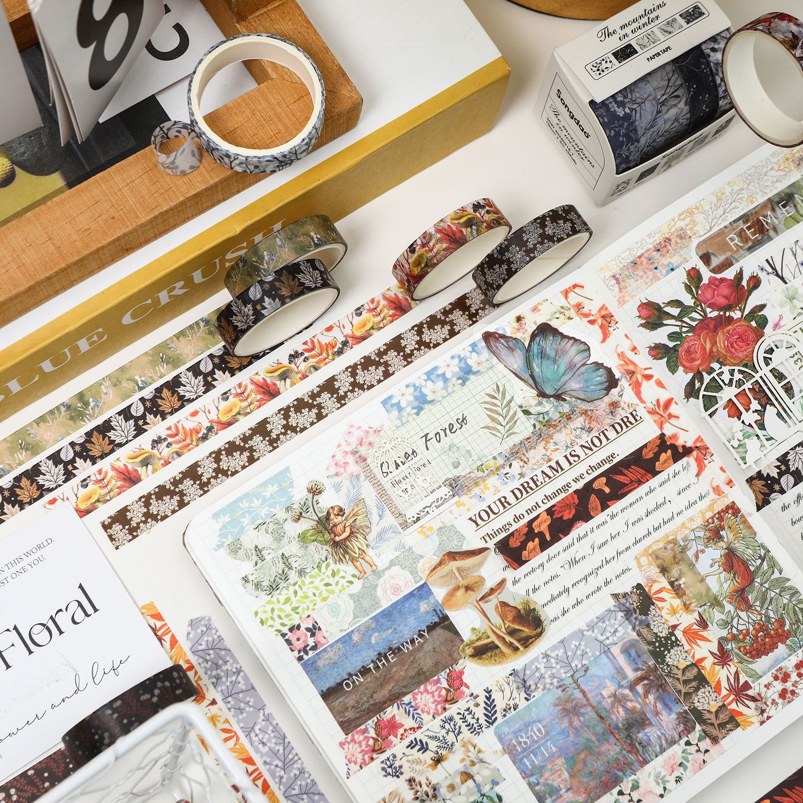 와시 테이프 - 5롤/세트 겨울 산 시리즈 빈티지 나뭇잎 디자인