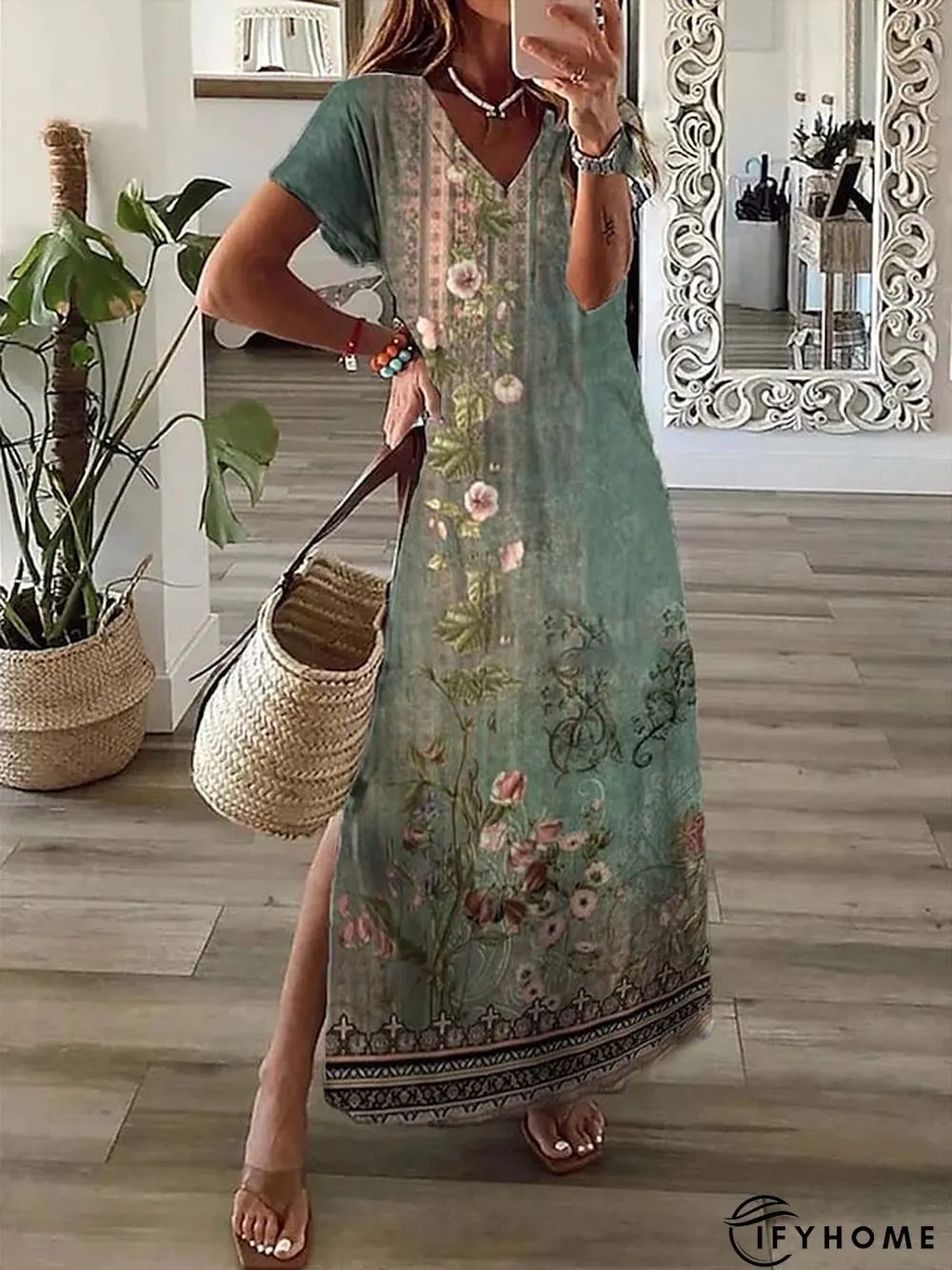 Womens Long Dress Maxi Casual Line Print Flower Fashion Streetwear Daily Date Vacation | IFYHOME