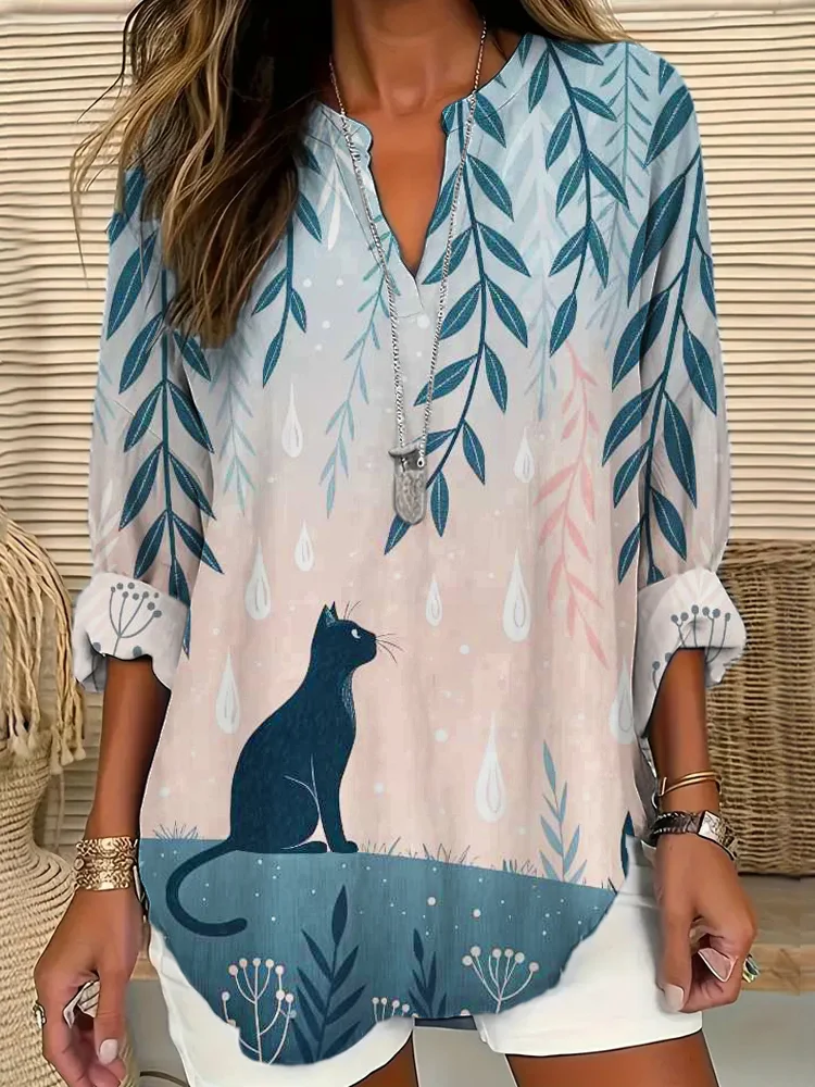 Simpfit Elegantes Langarmshirt mit V-Ausschnitt und Katzen-Element-Print für Damen