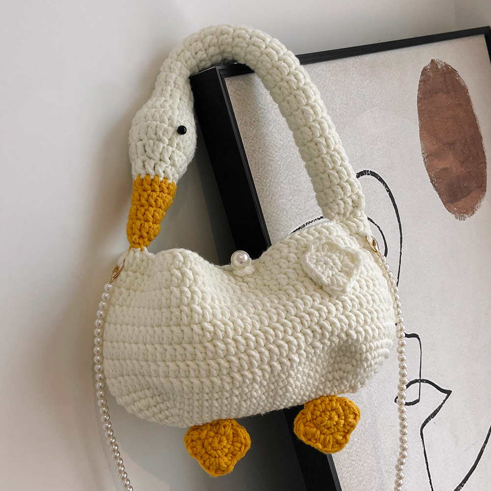 Sxswairline Women Crochet Tote Handbag Pearl Chain Cartoon Crossbody Bag Versatile Knitted Shoulder Bag Handmade Daily Bag for Girls Female
