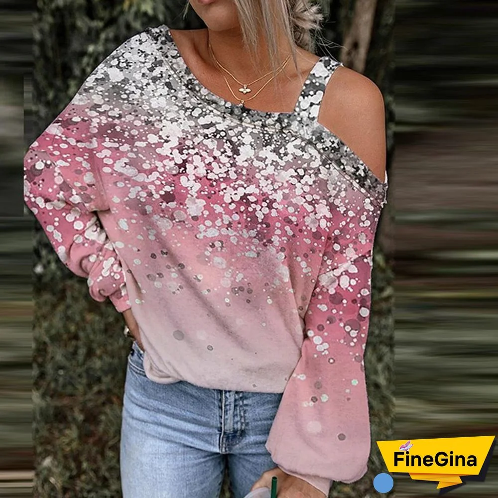 Fall Casual Women Long Sleeve Diagonal Collar Tops Fashion Pattern Print Pullover Top Loose Hollow Off Shoulder Commuter Blouse