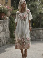 Women's Vintage Pink Rose Gradient Pattern Linen Crew Neck Dress