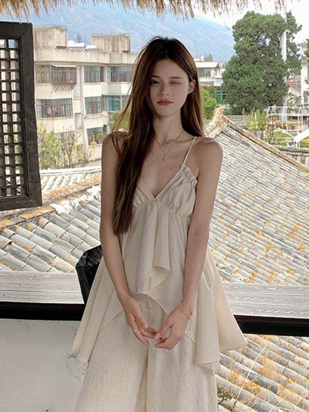 Women's Ruffled V-Neck Asymmetrical Top Spaghetti Strap Cute Vest Gentle And Elegant Camisole | IFYHOME