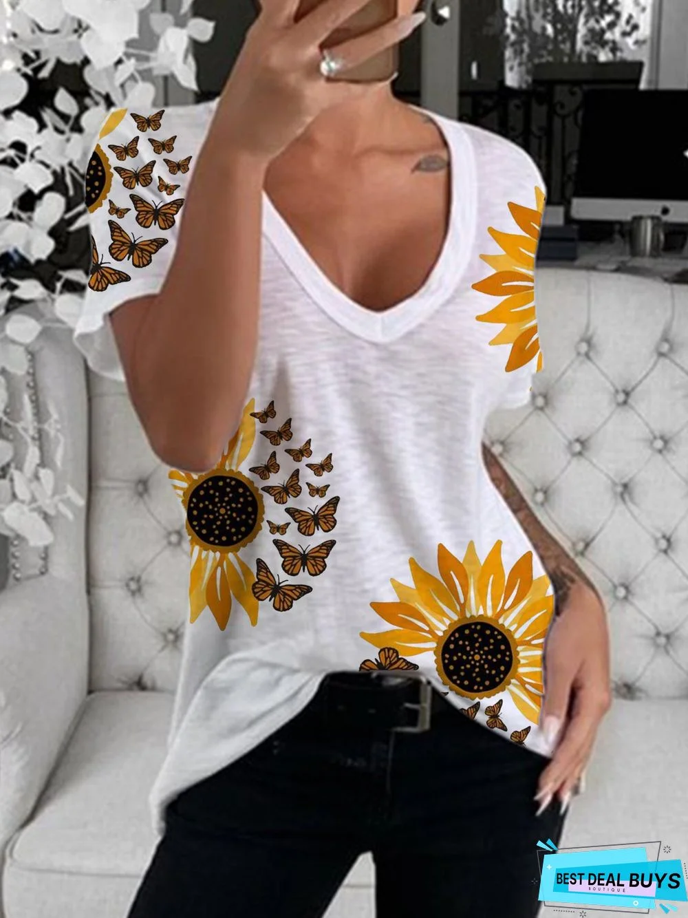 White Short Sleeve Printed Casual Tops