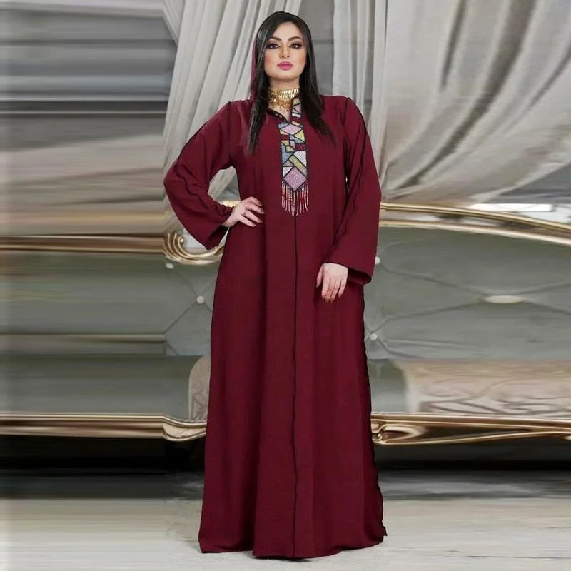 Peneran Dubai Tutkish Arab Kaftan Jalabia Sequins Beading Tassel Abaya Hooded Robe Ethnic Islamic Clothing Muslim Formal Dress