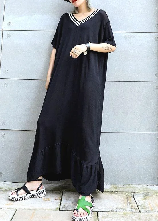 Vivid black cotton Tunics v neck Traveling ruffles summer Dresses