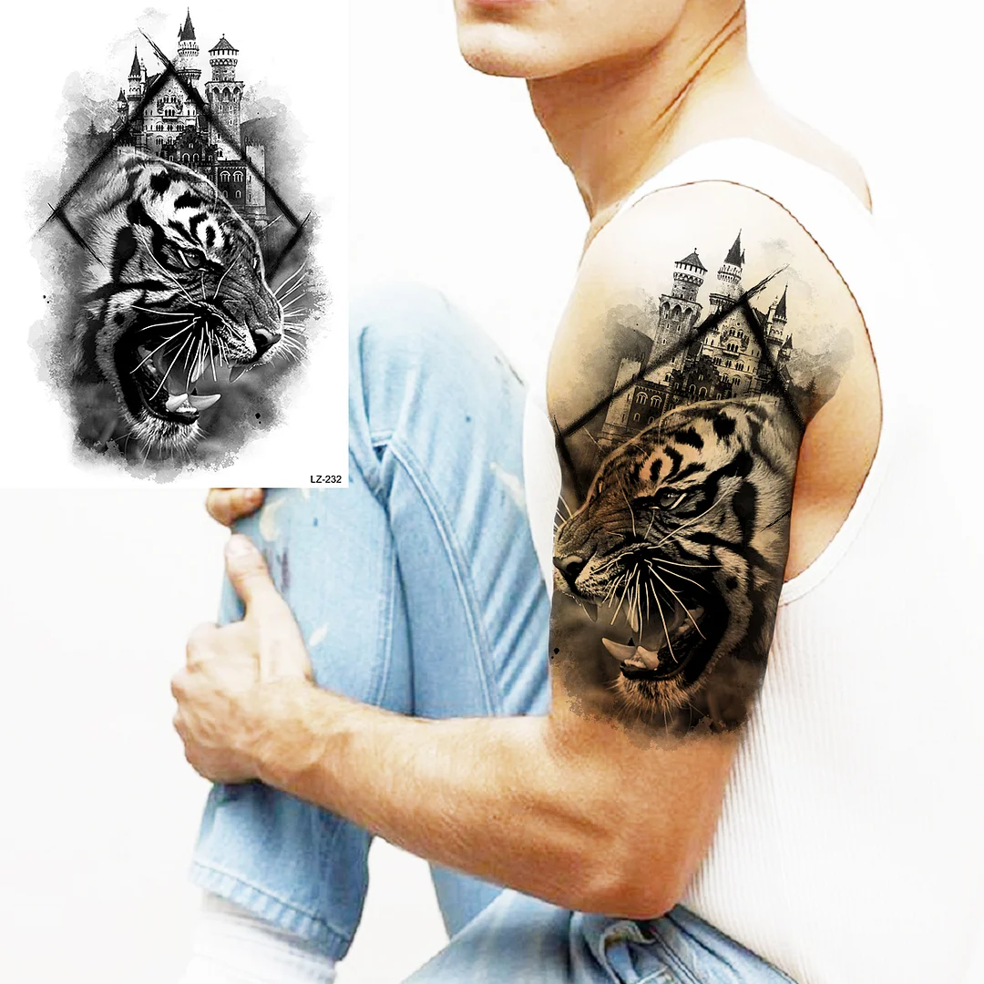 Sdrawing High Quality Lion Tiger Temporary Tattoos For Men Boys Realistic Fake Black Waterproof Tattoos Decal For Adult Party Supplies