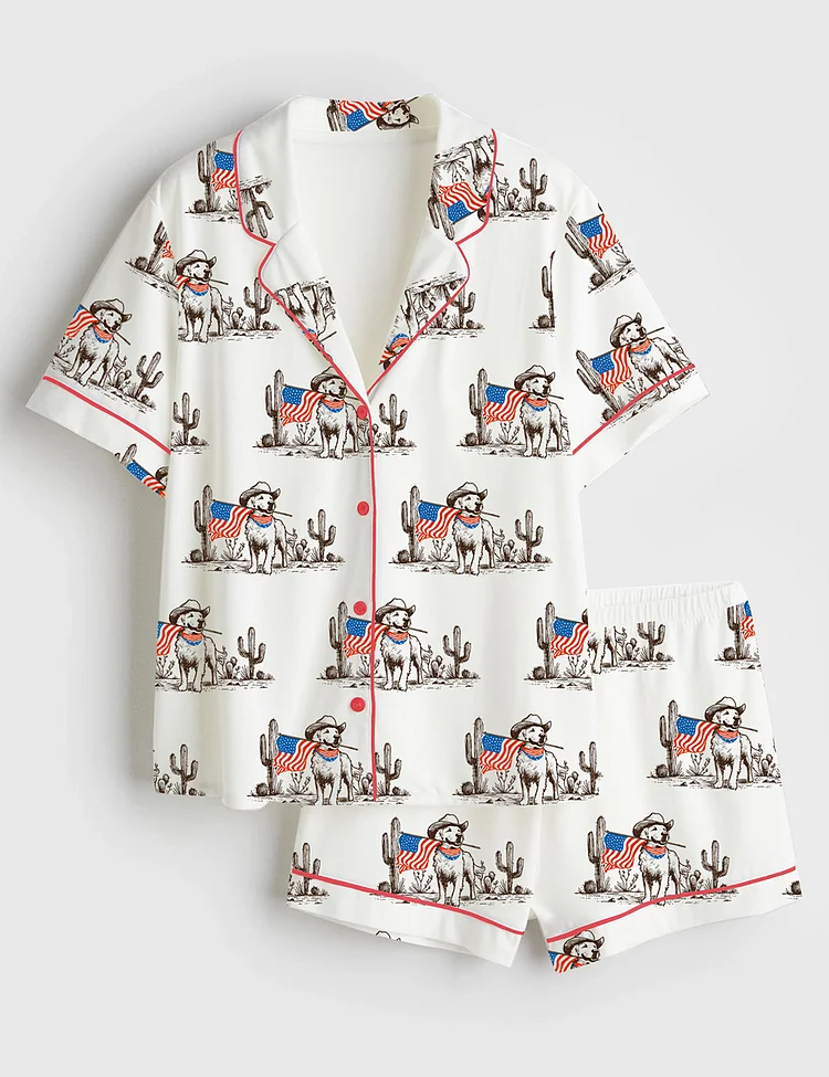 Women&rsquo;s American Pride Pooch Memorial & Independence Day Cowboy Western Short Sleeve Satin Pajama Set