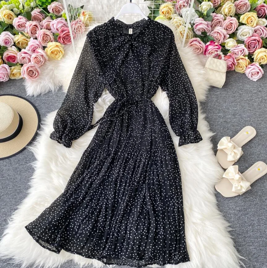 Vintage Dot Printing Long Sleeve Women Dress 2021 Spring Chiffon Dress Fashion Casual Midi Dress Women A-line Vestidos