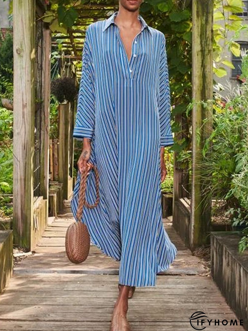 Floral-Print Long Sleeve Holiday Stripes Weaving Dress | IFYHOME