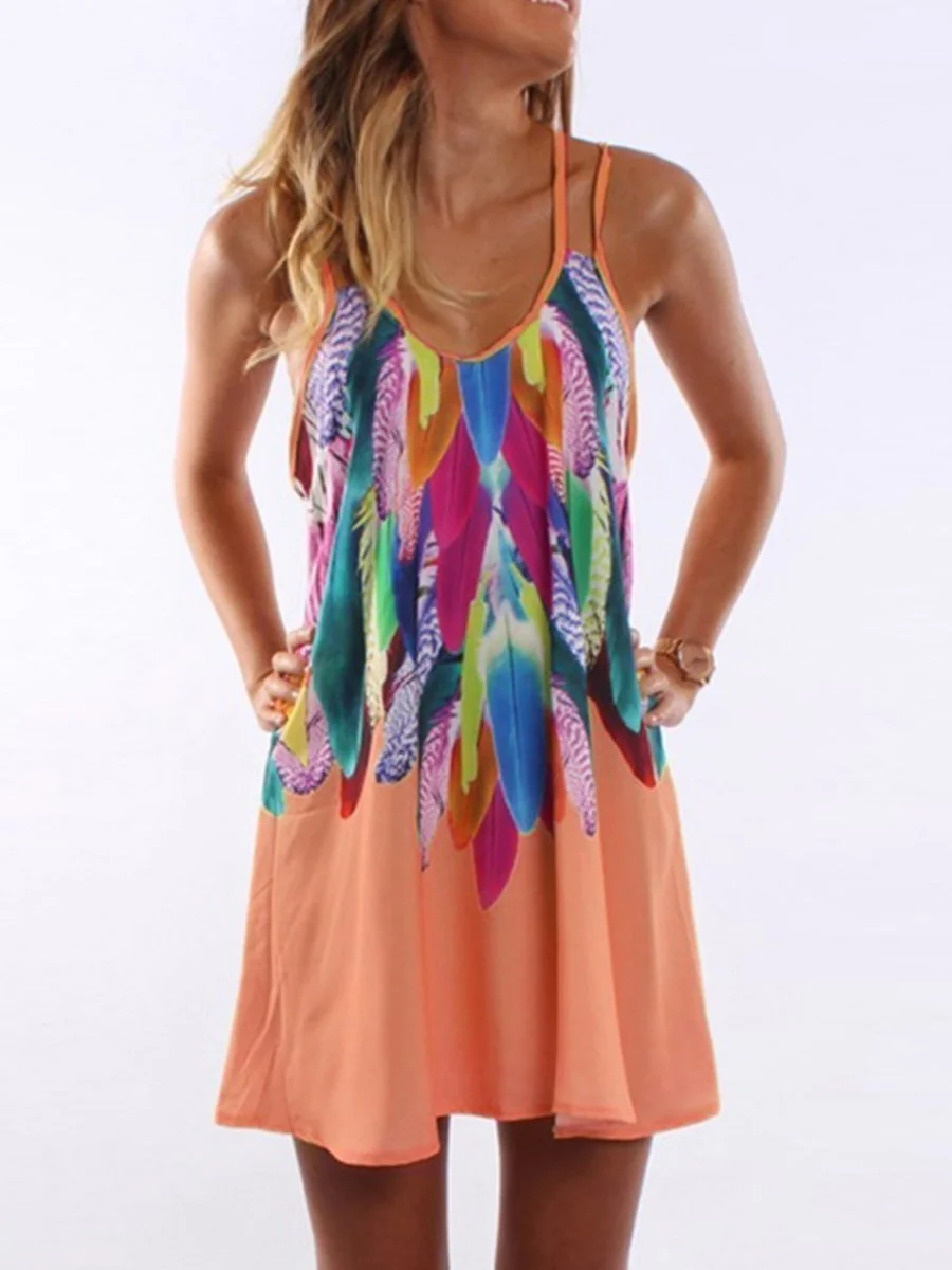 Round Neck Colorful Feather Printed Shift Dress