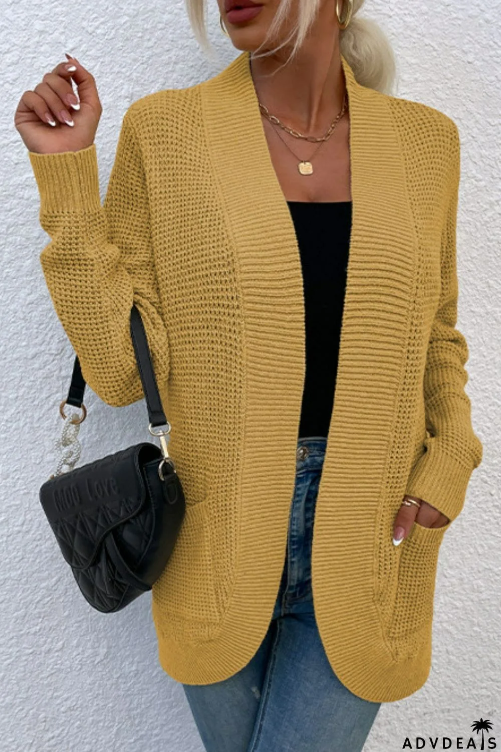 Open Front Rib-Knit Cardigan with Pockets