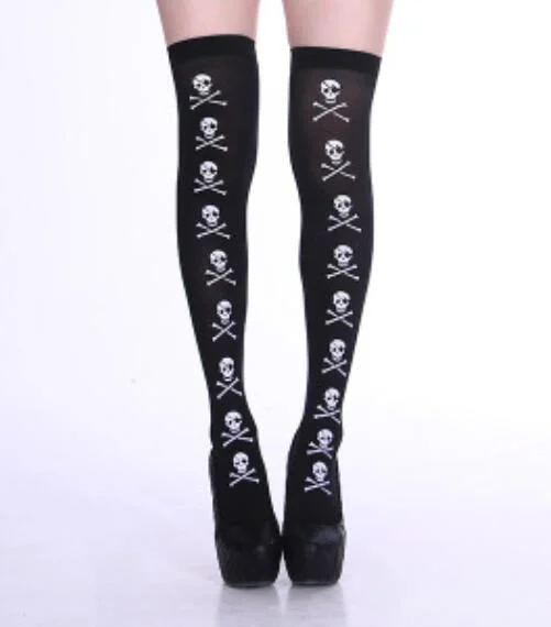 Harajuku Gothic Punk Skull Printed Black Thin Socks SP17187