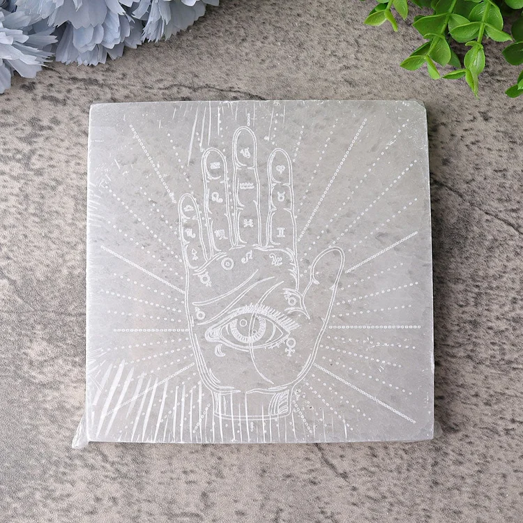 6" Square Selenite Coaster with Chakra Hand Printing Crystal
