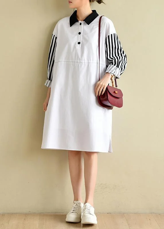 French Peter Pan Collar Striped Dresses Big Hem Cotton Dress