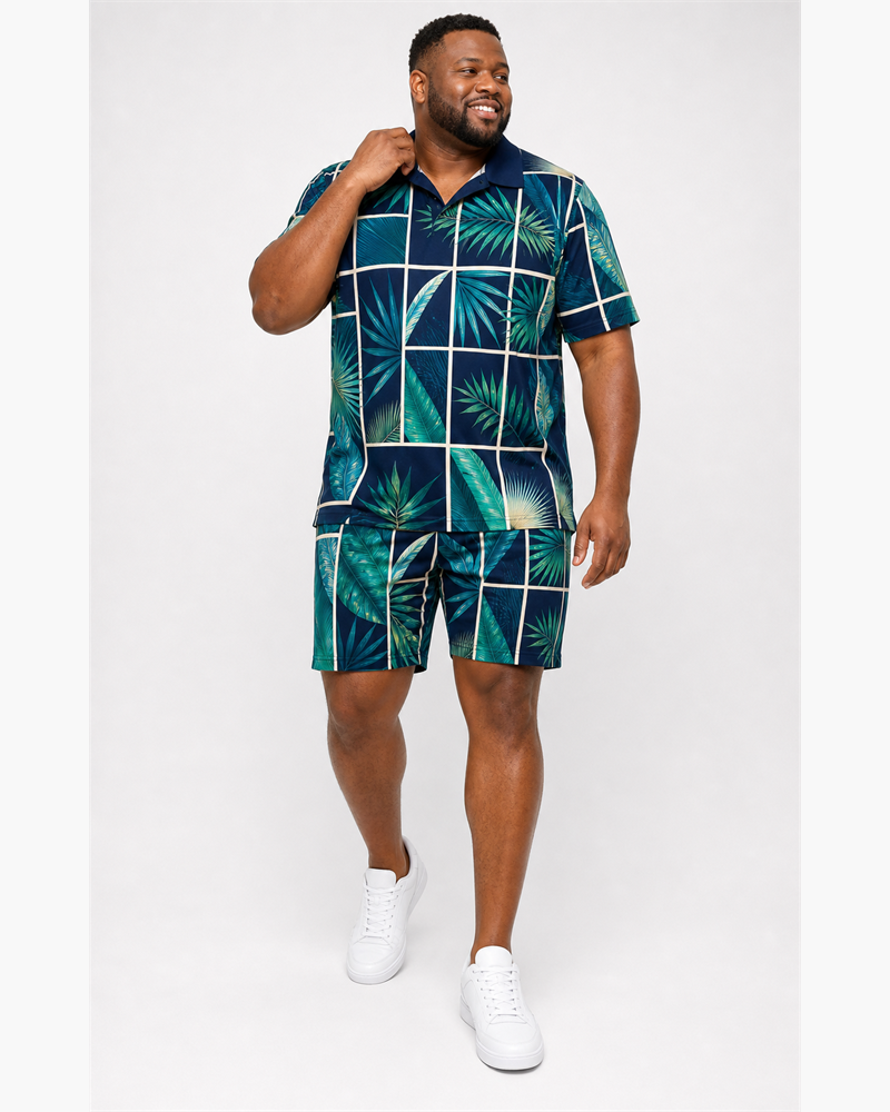 Big & Tall Tropic Grid Digital Print Polo Shirt and Shorts Set