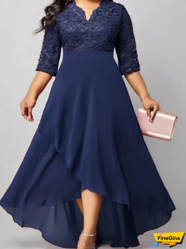 Plus Size Holiday Dress Solid Color V Neck Layered 3/4 Length Sleeve Spring Fall Formal Midi Dress Party Date Dress for Women