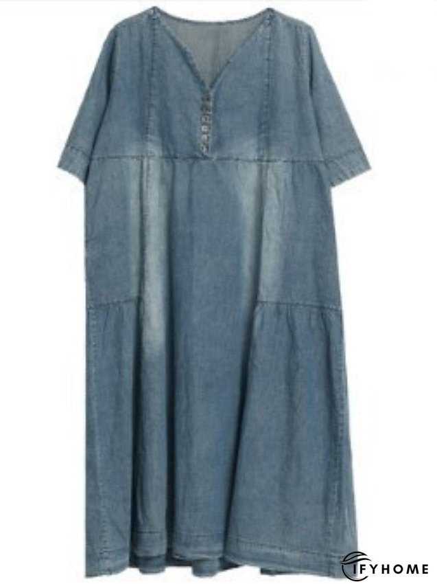 Denim Dress Casual Dress Midi Dress Denim Fashion Casual Daily Vacation V Neck Button Pocket Half Sleeve Summer Spring Fall Loose Fit Blue Dark Gray Plain M L XL 2XL for Women | IFYHOME