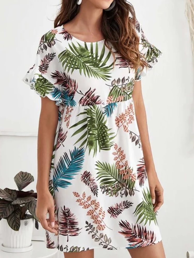 Women's Summer Fashion New Leaf Print Short Sleeve Mini Dress