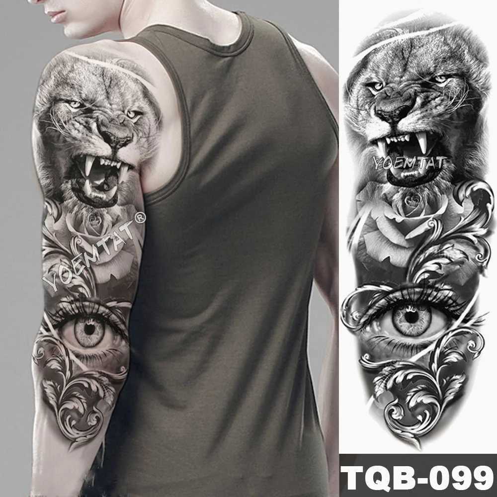 Large Arm Sleeve Tattoo Lion Crown Eyes King Rose Waterproof Temporary Tatoo Sticker Wild Wolf Tiger Men Full Skull Totem Tatto