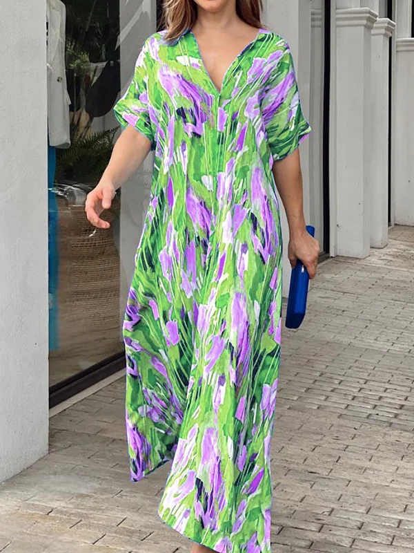 Loose Short Sleeves Multi-Colored Printed V-Neck Maxi Dresses